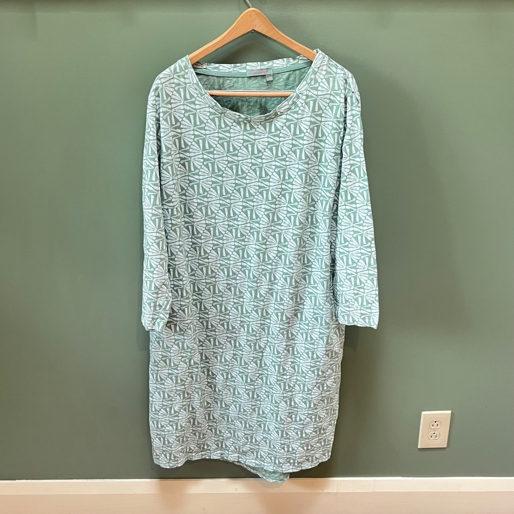 Fresh Produce 1X Green White Leaf Print Long Sleeve Tunic‎ Dress Casual Comfort